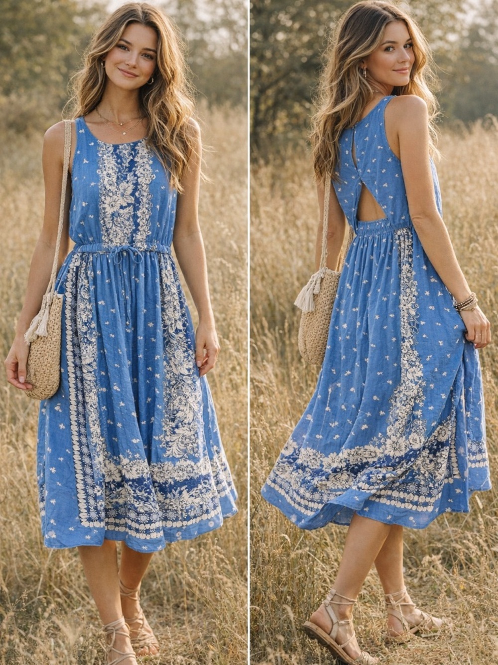 LOFT‎ Blue Boho Midi Dress Sleeveless Drawstring Waist Floral L